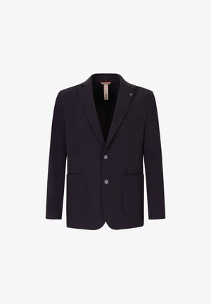 Blazer da uomo blu navy scuro con due bottoni, rever a lancia, due tasche a toppa frontali e una tasca a filetto sul petto.