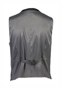 Gilet grigio in satin con una cinghia sul retro. Presenta una texture liscia, design senza maniche e un colletto nero a contrasto.