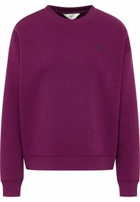 Purple sweatshirt made of soft fabric with a crew neckline, ribbed cuffs, and a small black logo on the front. Simple, relaxed fit.