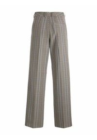 Wijd beenbroek in een bruin en zwart ruitpatroon, met een hoge tailleband, riemlussen en twee achterzakken.