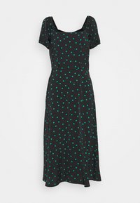 Černé šaty s krátkými nafouknutými rukávy, čtvercovým výstřihem a přiléhavým pasem. Mají vzor s puntíky v tyrkysové barvě. Střední délka a hladká textura.