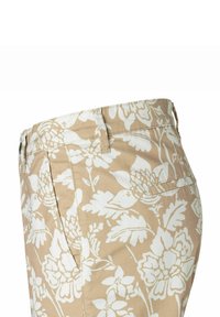 Beige Blumenmusterhosen mit weißen Mustern, ausgestattet mit einer glatten Textur, seitlichen Taschen und einem klassischen Bunddesign.