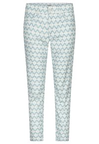 Lichte denim broek met een lichtblauw en wit ruitpatroon, slim fit, vijf zakken en een knoopsluiting.