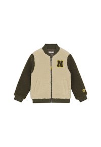 Fleece'owy kurtka z zamkiem dla dzieci, z kremowym przodem, ciemnozielonymi rękawami, ściągaczem przy kołnierzu i mankietach, żółtą naszywką "N" oraz uśmiechniętą buźką na rękawie.