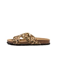 Sandale à glissière imprimée léopard avec un accent circulaire doré, un pied en liège et une semelle en caoutchouc noir texturée pour une adhérence et un confort optimal.