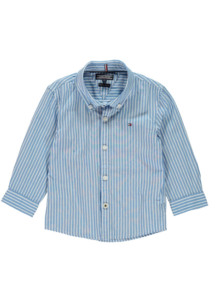 Camicia a maniche lunghe a righe blu chiaro e bianche con colletto button-down, dotata di un piccolo logo ricamato e bottoni in plastica.