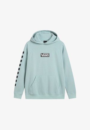 Felpa leggera blu chiaro realizzata in morbido tessuto, con tasca a marsupio frontale, logo Vans nero sul petto e dettagli neri a motivo su una manica.