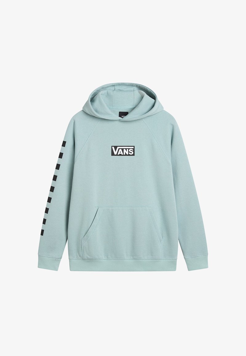 Felpa leggera blu chiaro realizzata in morbido tessuto, con tasca a marsupio frontale, logo Vans nero sul petto e dettagli neri a motivo su una manica.