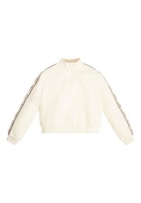 Giacca crema con zip e colletto alto, polsini e vita elasticizzati; presenta strisce marroni a contrasto con dettagli del logo sulle maniche.