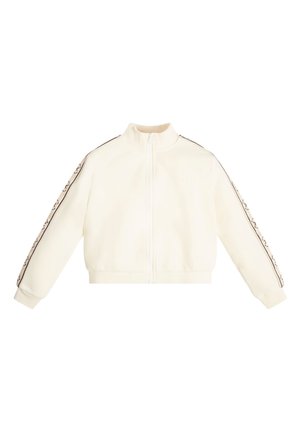 Veste zippée crème avec col montant, poignets et taille élastiques ; présente des rayures brunes contrastantes avec un détail de logo sur les manches.