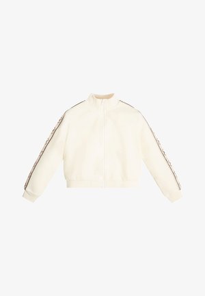 Veste zippée crème avec col montant, poignets et taille élastiques ; présente des rayures brunes contrastantes avec un détail de logo sur les manches.