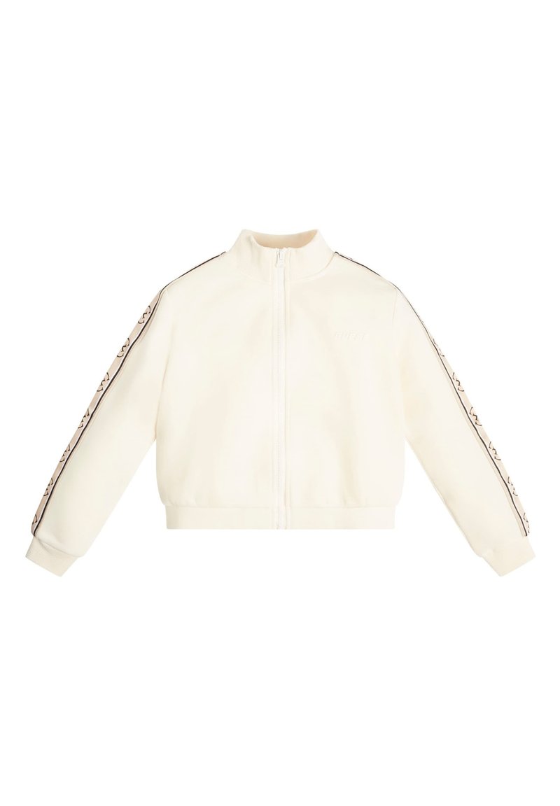 Krémová bundu na zip s vysokým límcem, elastickými manžetami a páskem; obsahuje kontrastní hnědé pruhy s logem na rukávech.