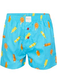 Modré bavlněné plavky s barevným vzorem zmrzliny a ovoce. Obsahují dva červené knoflíky vpředu na zapínání.