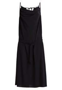 Schwarzes ärmelloses Midikleid mit dünnen Trägern, drapiertem Dekolleté und einem gebundenen Stoffgürtel in der Taille.