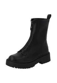 Botín negro de cuero con cremallera lateral, suela gruesa y diseño estructurado. Cuenta con un lazo en la parte trasera para facilitar el uso.