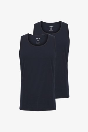 Tamsiai mėlynos medvilninės liemenės, su apvaliomis iškirptėmis ir be rankovių, su sklandžia tekstūra ir minimaliais siūlių akcentais. Rinkinys sudarytas iš dviejų vienetų.