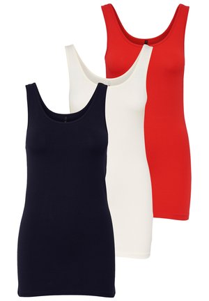 Trois débardeurs ajustés : bleu marine, blanc et rouge. Fabriqués en coton, ils présentent un col rond et une texture lisse et extensible.