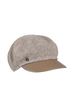 Gorra newsboy de lana gris con visera curva de cuero marrón y pequeño emblema metálico circular en el lateral.