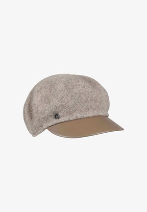 Cappellino newsboy in lana grigio con visiera curva in pelle marrone e piccolo emblema metallico circolare sul lato.