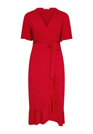 Vestido midi rojo cruzado con mangas cortas acampanadas, escote en V, cinturón en la cintura y bajo asimétrico con volantes.