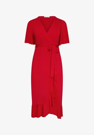 Rotes Midikleid mit Wickeldesign, kurzen Fledermausärmeln, V-Ausschnitt, Taillenband und gerafftem asymmetrischem Saum.