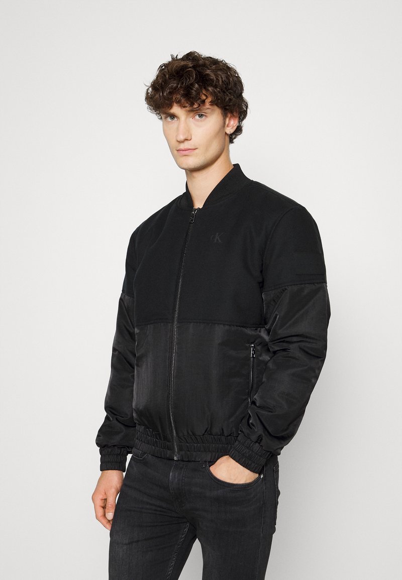 Calvin Klein Men's Colorblocked Mix-Media Bomber Jacket Charcoal Size Large