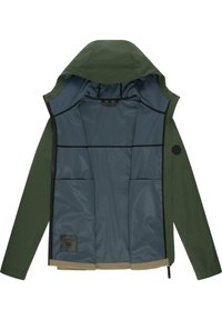 Green waterproof jacket with a hood, featuring a blue interior, multiple pockets, and black accents. Smooth texture, minimal design.