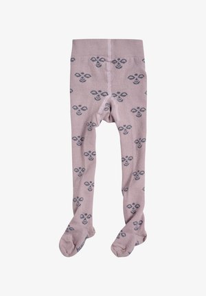 Bløde lyserøde babytights med gentagne små mørkegrå bi-mønstre og indbyggede foddækninger.