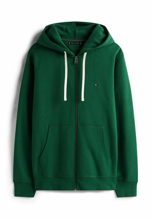 Groene hoodie met volle rits, witte trekkoorden, voorzakken, ribgebreide manchetten en een klein Tommy Hilfiger-logo op de borst.