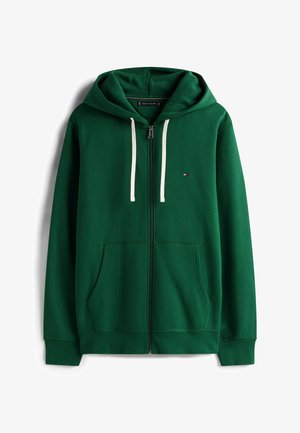 Groene hoodie met volle rits, witte trekkoorden, voorzakken, ribgebreide manchetten en een klein Tommy Hilfiger-logo op de borst.