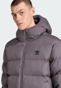 Grå puffjakke med høy krage og hette, med en svart Adidas-logo på brystet. Glatt, blank tekstur og glidelåslukking.