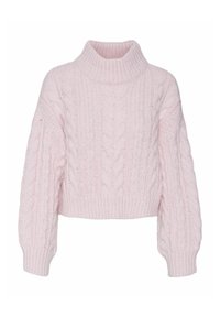 Pull à col roulé rose clair en maille épaisse avec motifs torsadés et manches longues bouffantes, longueur raccourcie.