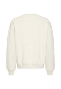 Pull col rond à manches longues couleur crème avec poignets et ceinture côtelés, présenté de dos sur fond blanc.