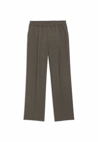 Wide-leg trousers in dark gray fabric with an elastic waistband, featuring a textured weave and no visible pockets or fastenings.