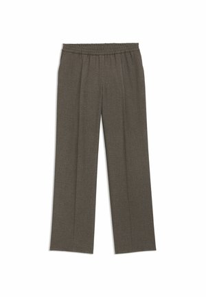Wide-leg trousers in dark gray fabric with an elastic waistband, featuring a textured weave and no visible pockets or fastenings.