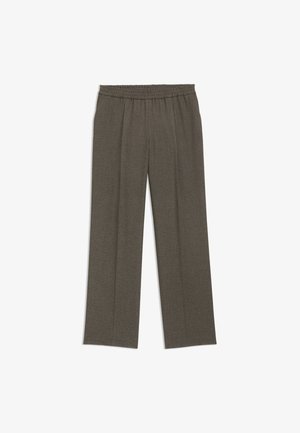 Pantaloni a gamba larga in tessuto grigio scuro con vita elastica, caratterizzati da una trama testurizzata e senza tasche o chiusure visibili.