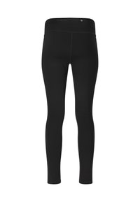 Svarta leggings gjorda av stretchigt material, med hög midja och åtsittande design. Slät textur utan synliga mönster eller detaljer.
