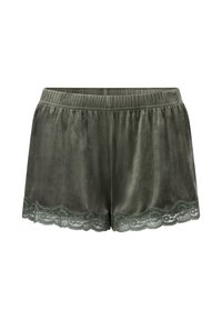 Donkergroene fluwelen shorts met een elastische tailleband en gekartelde kantafwerking aan de zoom, met een zachte textuur en een ontspannen pasvorm.