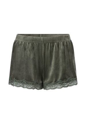 Donkergroene fluwelen shorts met een elastische tailleband en gekartelde kantafwerking aan de zoom, met een zachte textuur en een ontspannen pasvorm.