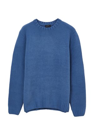 Blauer gestrickter Pullover mit rundem Ausschnitt, gerippten Bündchen und Saum, ausgestattet mit einem strukturierten, weichen Stoff und einer lockeren Silhouette.
