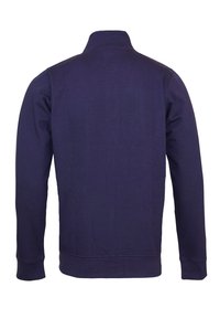 Marinblå sweatshirt med hög krage, långa ärmar och ribbade manschetter. Slät textur utan mönster eller synliga detaljer.