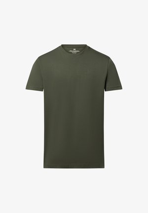 Olivegrünes T-Shirt mit kurzen Ärmeln aus Baumwolle, versehen mit einem runden Ausschnitt und einer glatten, leicht strukturierten Oberfläche. Keine Grafiken oder Muster.