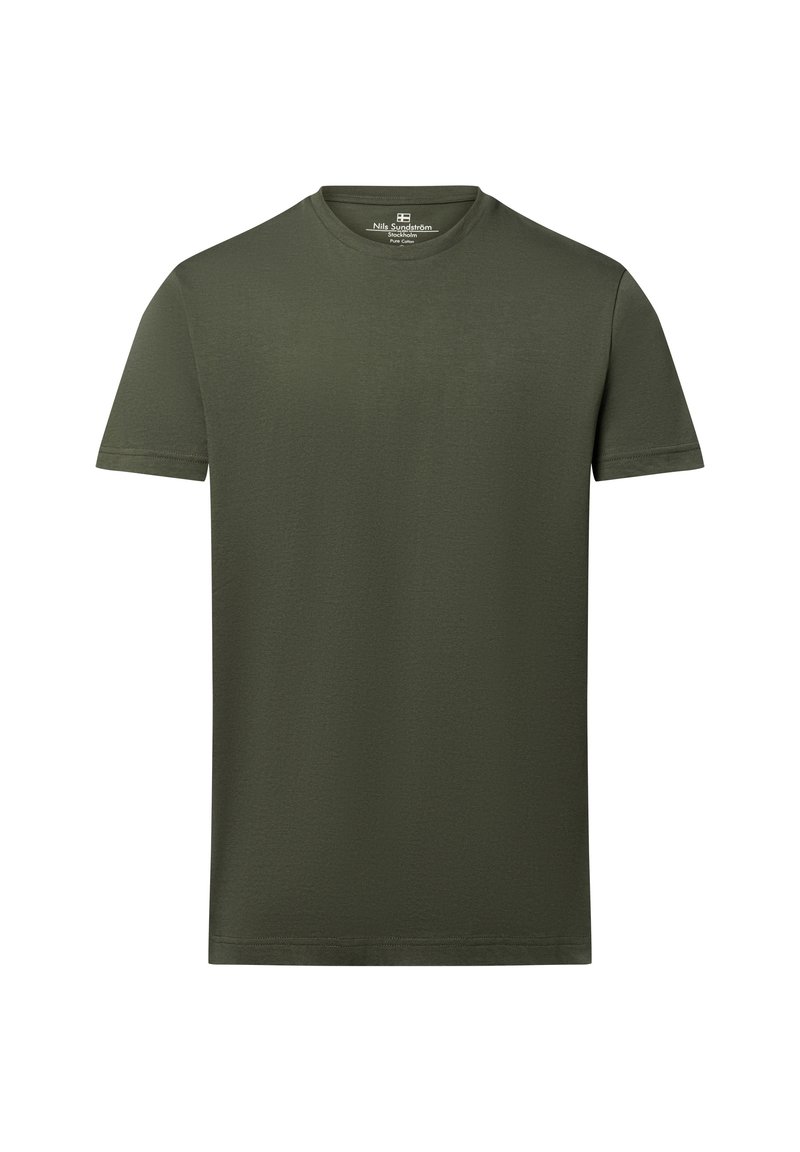 Olive green short-sleeve t-shirt made of cotton, featuring a round neckline and a smooth, slightly textured surface. No graphics or patterns.