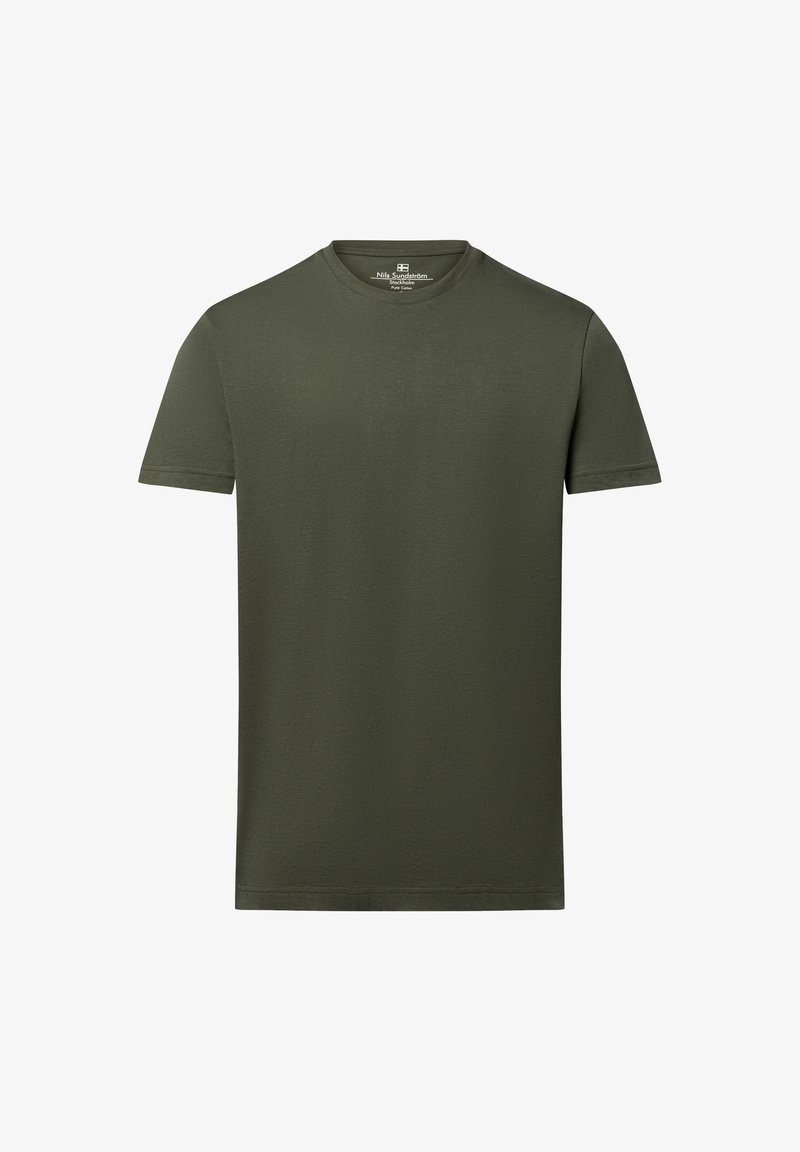 Olive green short-sleeve t-shirt made of cotton, featuring a round neckline and a smooth, slightly textured surface. No graphics or patterns.
