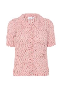 Blusa corta a maniche corte di un rosa chiaro, caratterizzata da un design a maglia testurizzata e pattern, orlo scallop e chiusura con bottoni davanti.