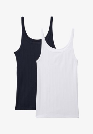 Deux débardeurs sont présentés : un bleu marine et un blanc. Les deux sont côtelés, avec de fines bretelles et un col rond.