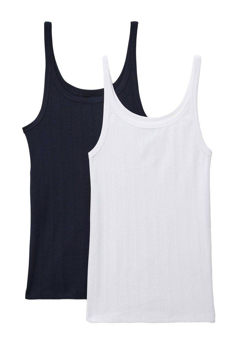 Deux débardeurs sont présentés : un bleu marine et un blanc. Les deux sont côtelés, avec de fines bretelles et un col rond.
