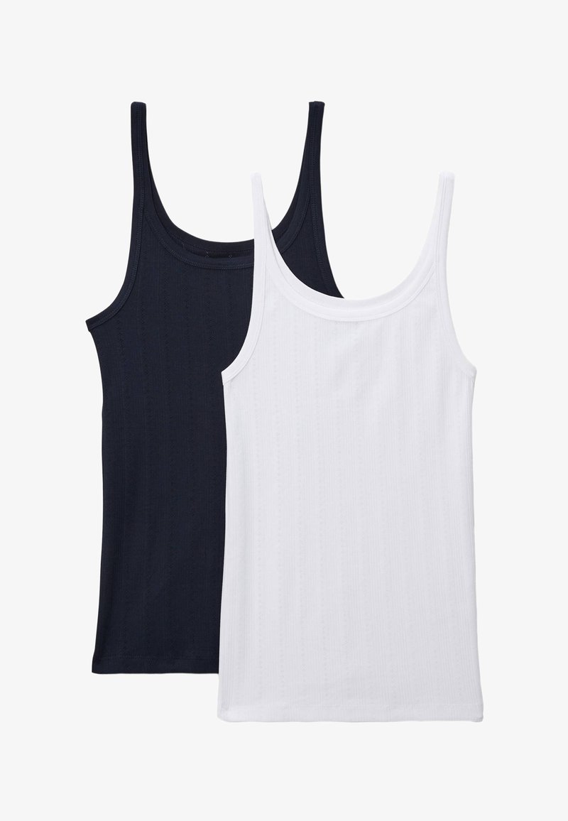 Deux débardeurs sont présentés : un bleu marine et un blanc. Les deux sont côtelés, avec de fines bretelles et un col rond.