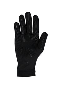 Black gloves with textured grip pattern on palms, made of stretchy fabric. Features a snug fit and wrist cuff, with a small logo detail.