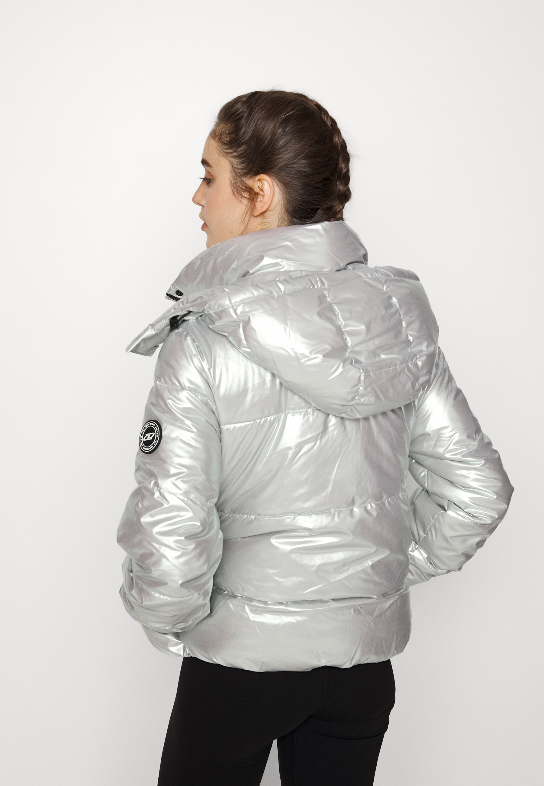 dkny silver puffer coat